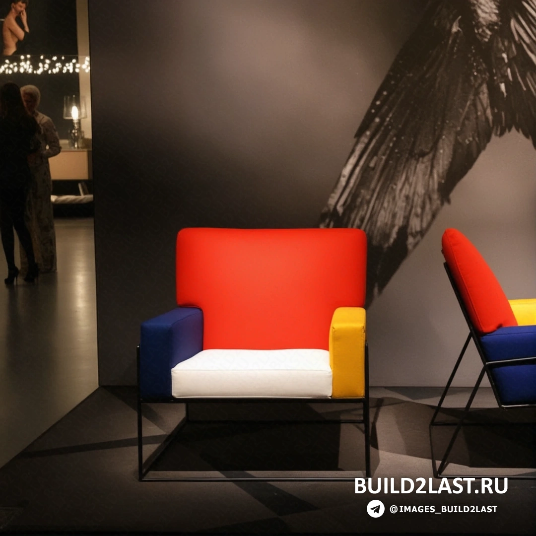 Иллюстрация с дизайнерскими торшерами, настольными лампами, диваном, журнальным столиком, стульями, креслами, шкафом и люстрами в оранжевых, красных и черных оттенках.