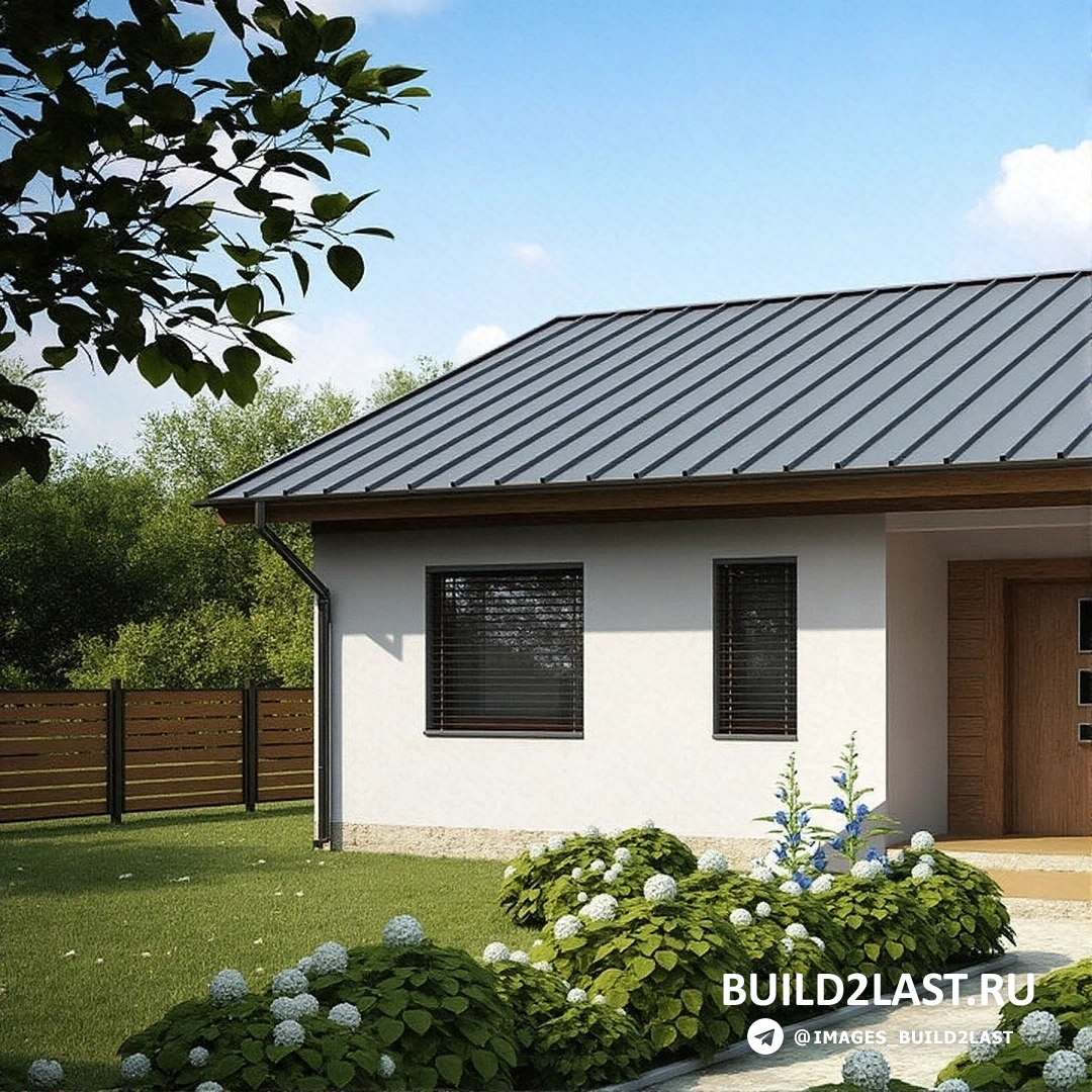 Каркасный дом с фальцевой кровлей, светлыми деревянными и белыми элементами, в окружении ландшафтного дизайна