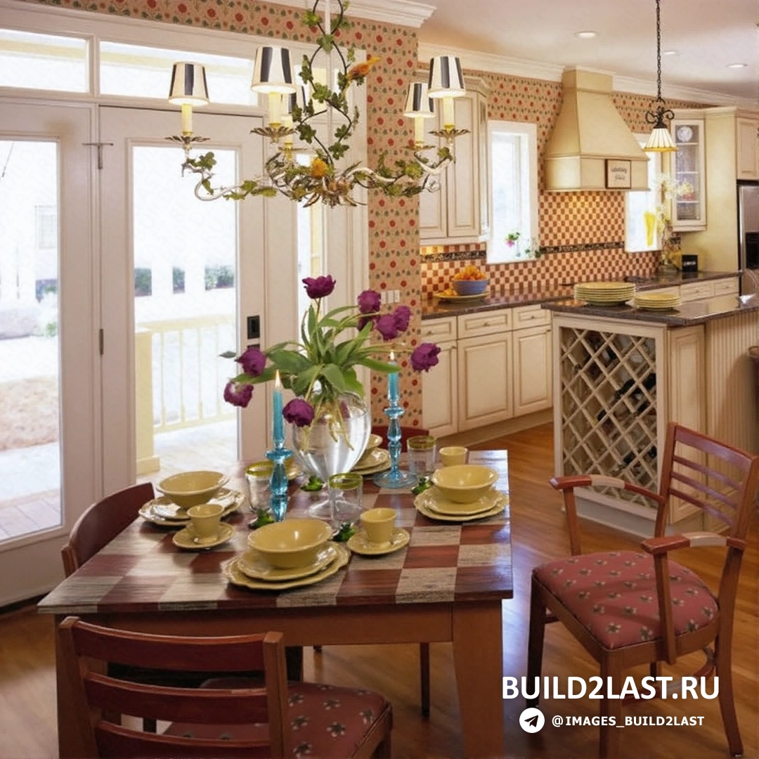 Кухня с золотистыми люстрами, белыми элементами и мозаичным фартуком.