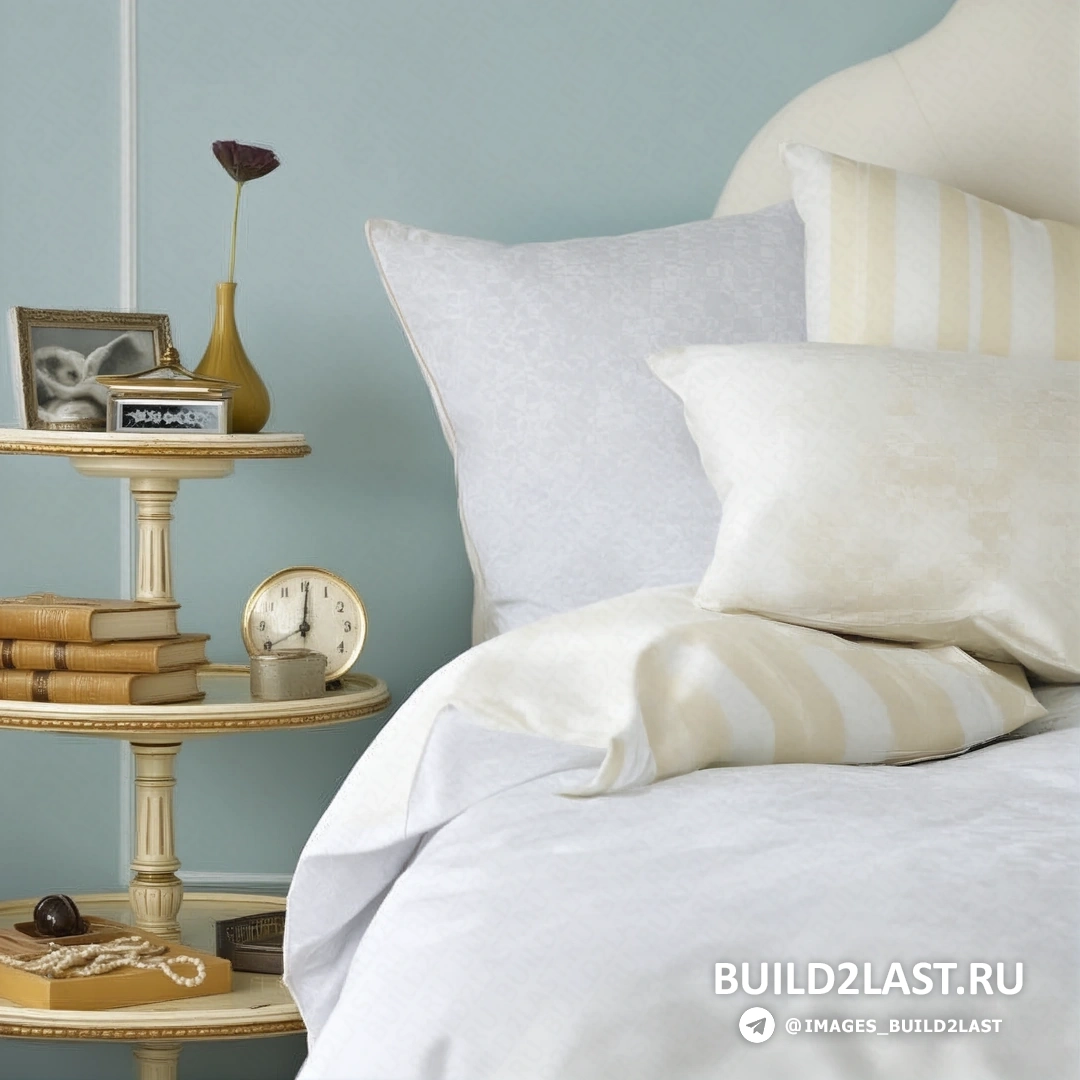 Кухонное окно с белыми шторами и деревянной полкой с декоративными предметами