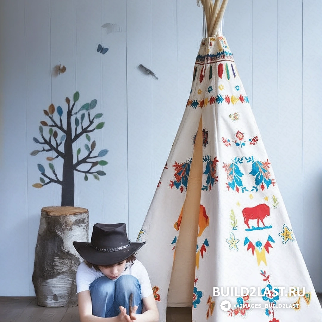 Палатка для детей, украшенная тканевыми гирляндами и игрушками для игр