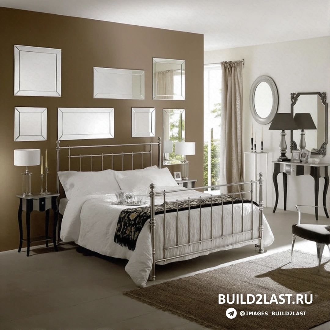 Спальня в стиле романтизм с золотистыми акцентами, лампами, зеркалами и изысканной мебелью.