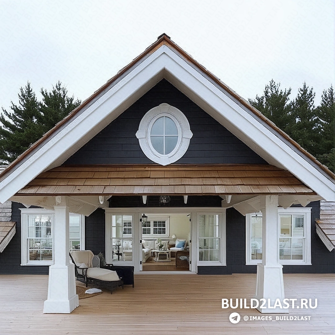 Загородный дом на озере с террасой и деревянным покрытием в стиле кантри