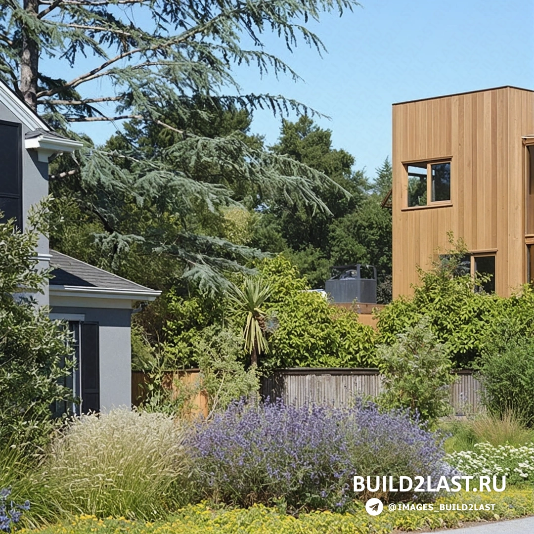 Зеленый сад с ухоженными растениями и каменной дорожкой.